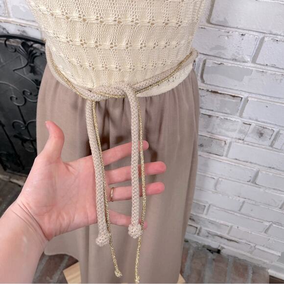 Vintage 70s Crochet Top Cream & Tan Metallic Rope Belt Pull On Midi Dress 6 - Picture 3 of 12